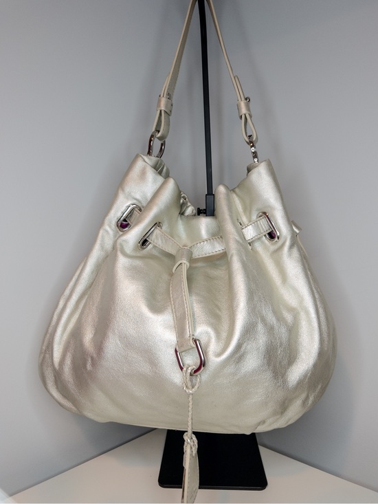 Cole Haan Handbags - Cole Haan Silver Metallic Leather Drawstring Bucket Bag Hobo Shoulder Bag